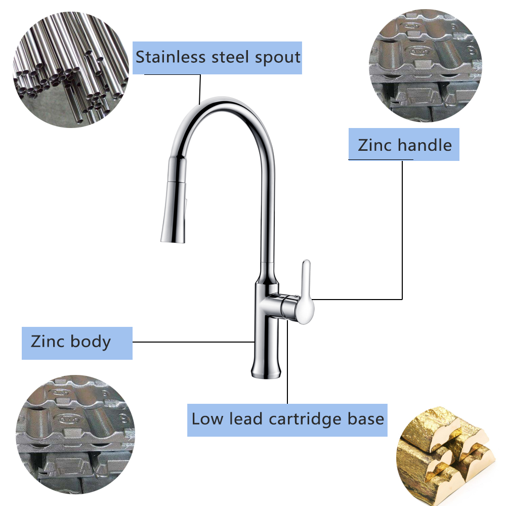Commercial Zinc Body Stainless Steel Spout High Performance Pull Down Sink Faucet