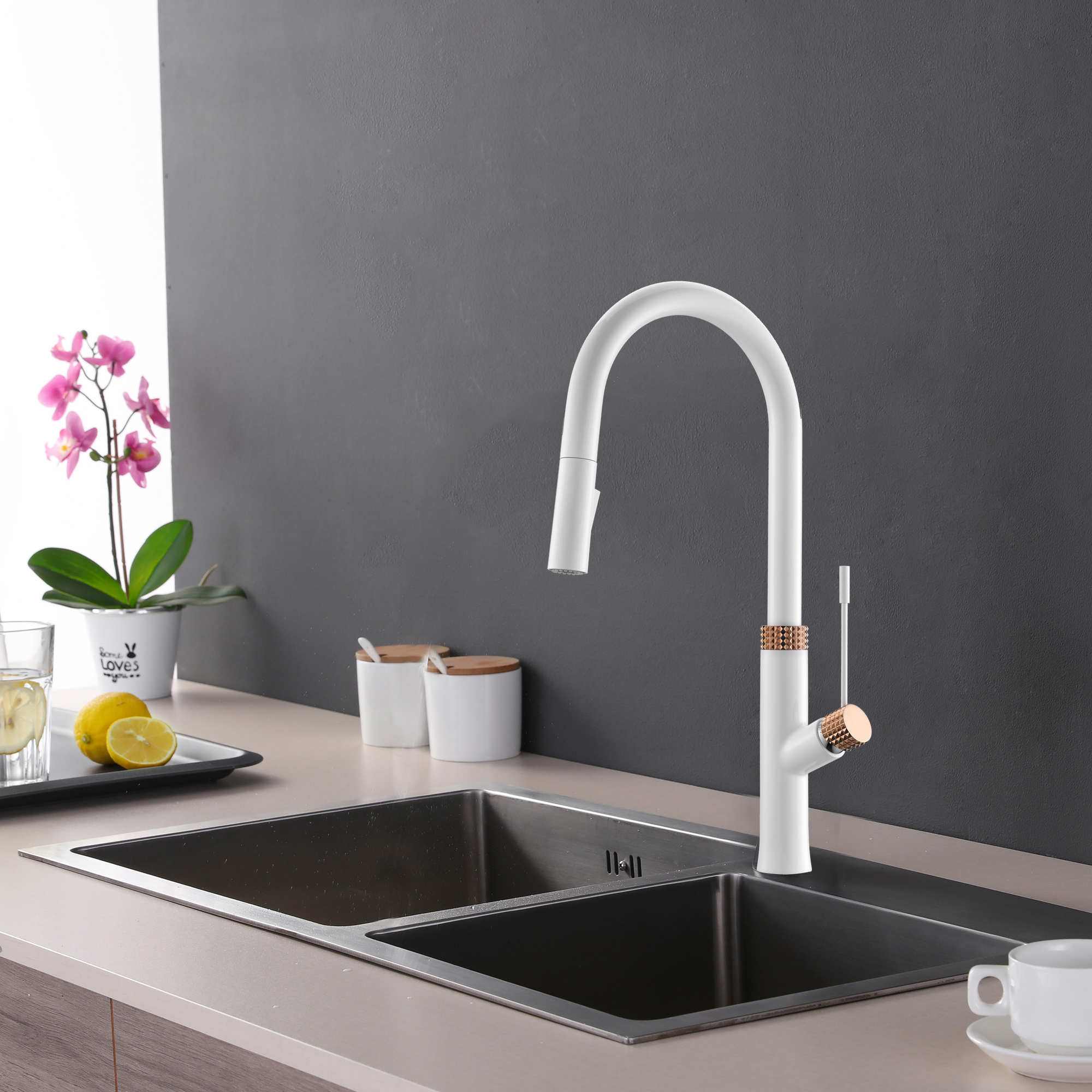 Modern Brass White And Gold Pull Down Kitchen Sink Faucets