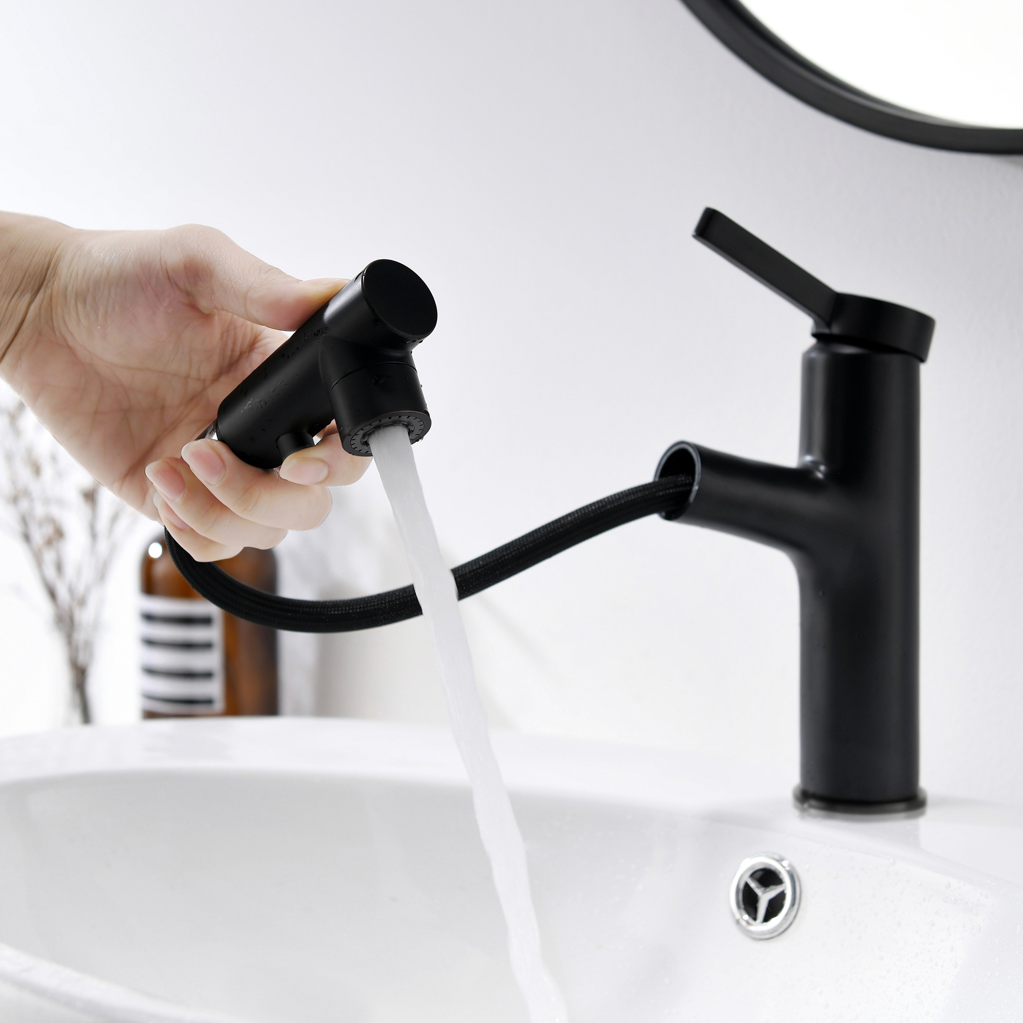 Basin Pull-out Spray Washing Lavatory Black Bathroom Faucet