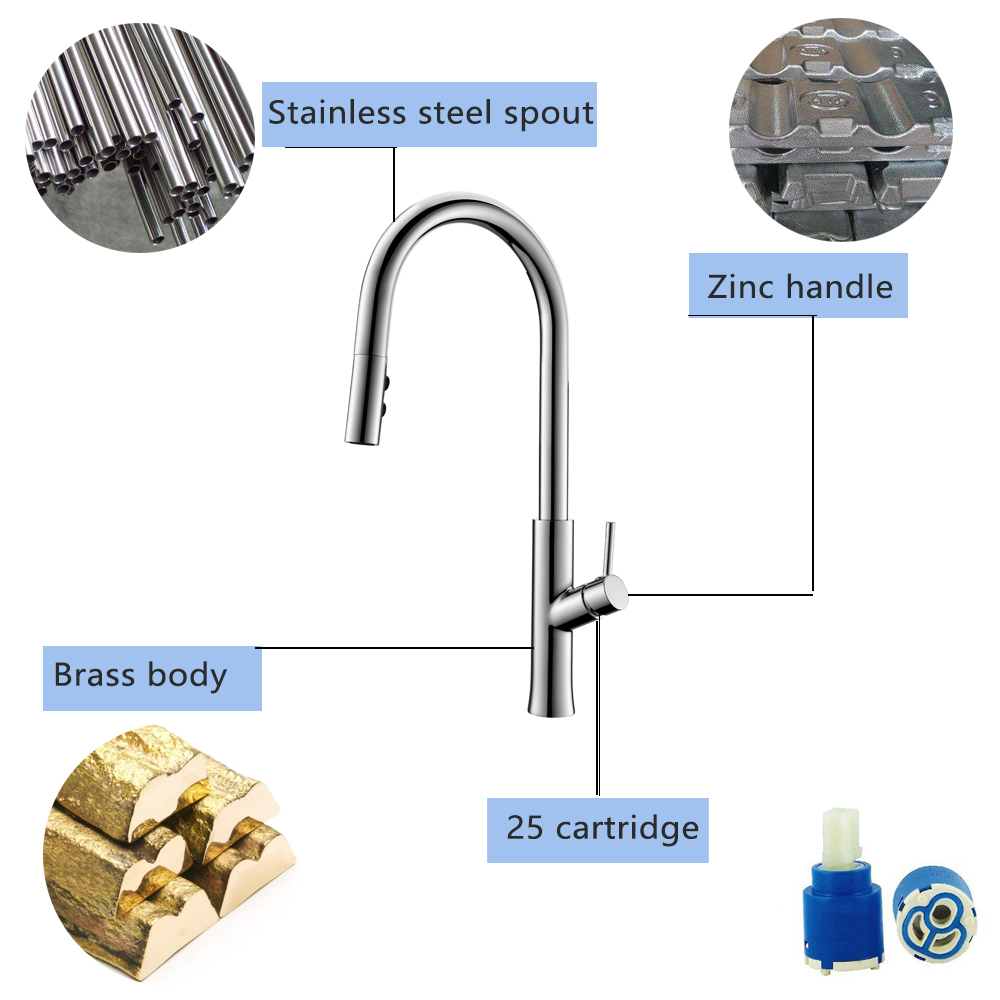 25mm Ceramic Cartridge Brass Single Handle Pull Down Kitchen Sink Faucet with Sprayer